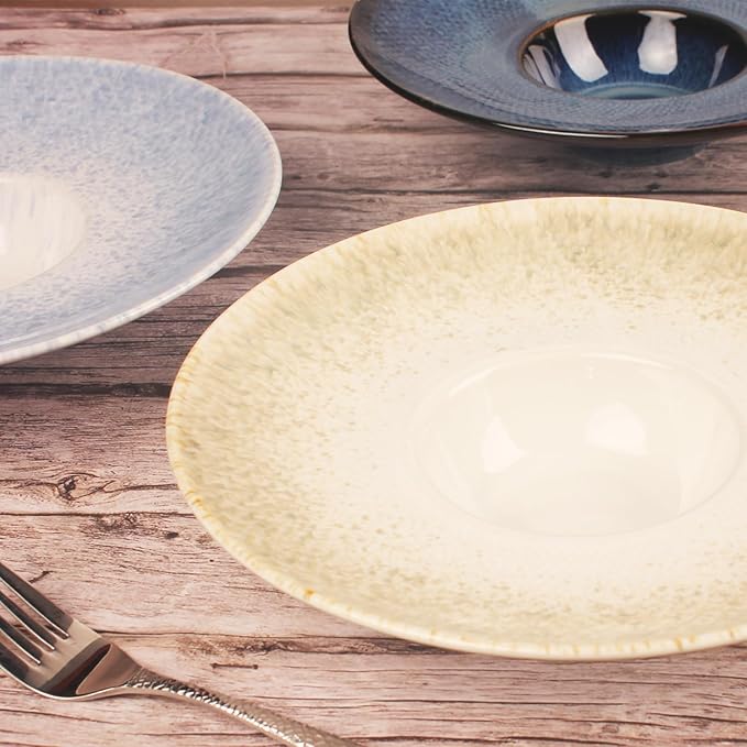 Soup Bowls, Soup Plates, 5.1 oz,Porcelain Pasta Bowl Set of 4, Wide edge Shallow Bowl Plates, Rimmed Bowls with Rim, Best choice for high-end restaurants and foodies,Gradient beige 9.8Inch