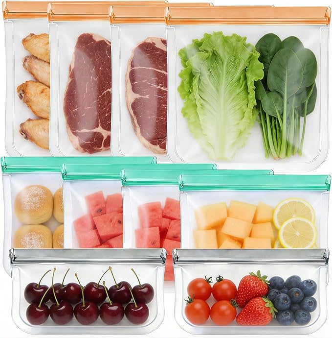 10 Pack Reusable Food Storage Bags Freezer Safe Dishwasher Leakproof for Frozen Meat Fruits & Vegetables Bag Home Organization Travel Toiletries Meal Prep 4 Gallon 4 Sandwich 2 Snack
