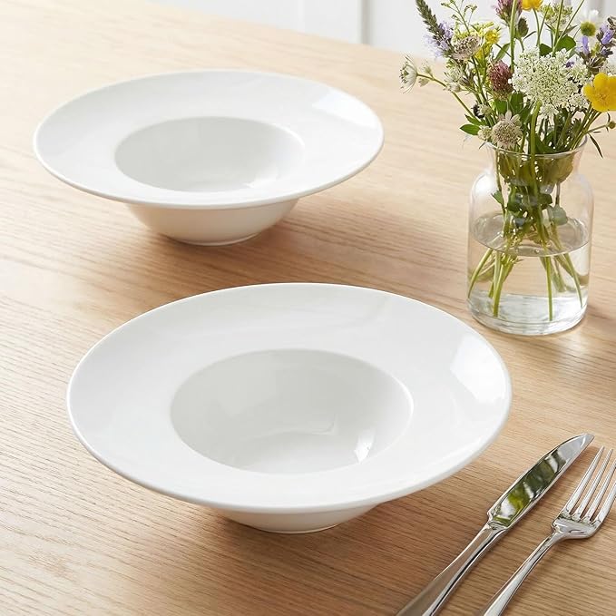Soup Bowl, Soup Plate with Rim 12 oz, Pasta Bowl Set of 4, White Shallow Bowl Plate, Ceramic Wide Rimmed Soup Bowl, Best choice for high-end restaurants, hotels, and foodies, 8.86 Inch