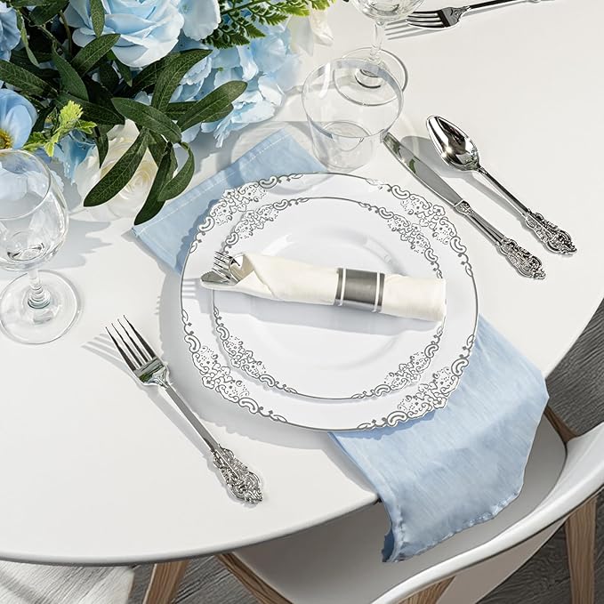 Bestluck 350PCS Silver Plastic Plates for 50 Guests, Disposable Dinnerware Sets Include 100 Silver Rim Plastic Plates, 50 Silverware, 50 Pre Rolled Napkins for Party, Wedding & Decor