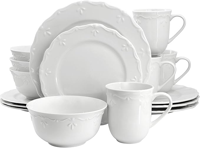 Elama Henryi 16 Piece Embossed Rim Detail Porcelain White Dinnerware Set, Tableware Set, Serveware (16 Piece)