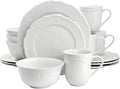 Elama Henryi 16 Piece Embossed Rim Detail Porcelain White Dinnerware Set, Tableware Set, Serveware (16 Piece)