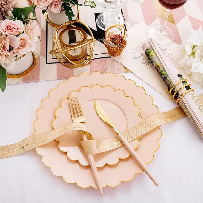 LIYH 60 Pcs Pink Plastic Plates with Gold Pink Plates Disposable Plate Set Includes 30 Dinner 10.25" and 30 Dessert Plate 7.5" for Baby Shower,Weddings,Parties,Birthday