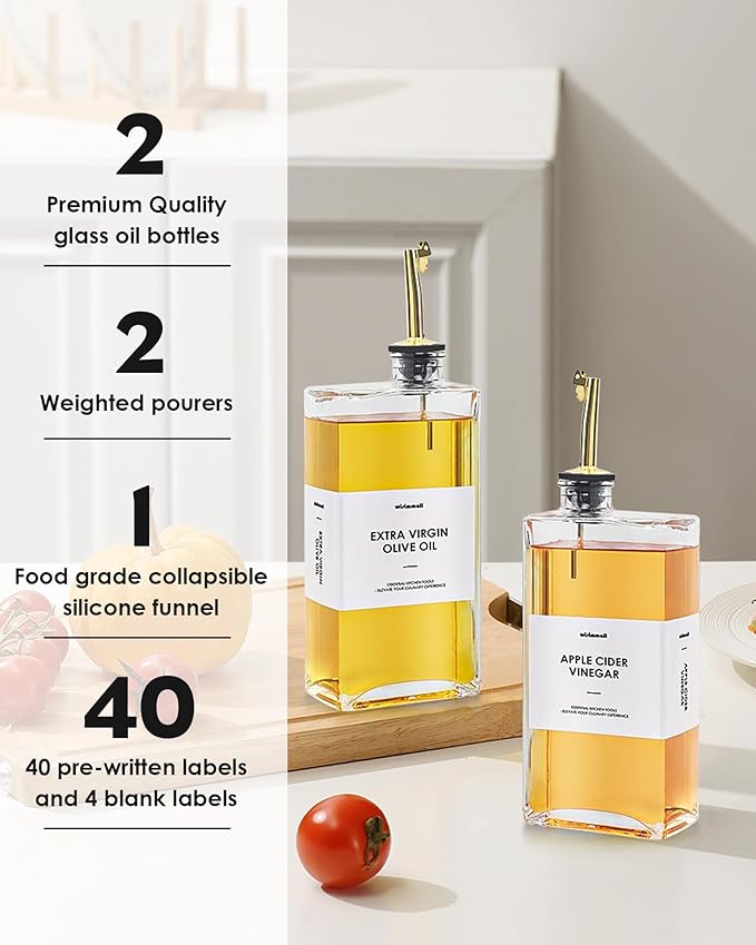 WISIMMALL Olive Oil Dispenser For Kitchen, Glass Oil Bottle 500ML Oil And Vinegar Dispenser Set Of 4 with 4 Stainless Steel Pourers & 44 Labels, Soy Sauce Dispenser, Coffee Syrup Bottles