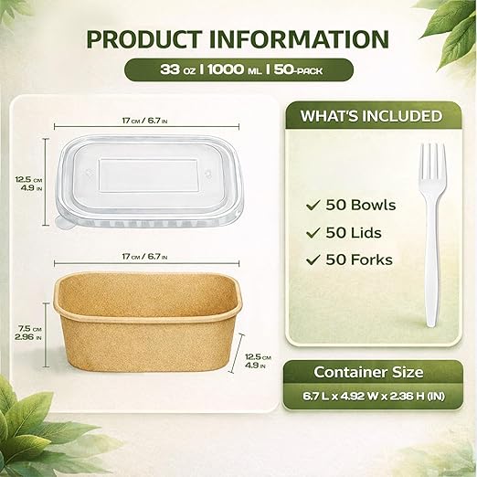 TOPtoper 50 Pack 33 OZ Disposable Meal Prep Containers with Lids and Forks, Large Kraft Paper Bowls for Party, Disposable Food Containers with Lids, Freezer and Microwave Safe Meal Prep Containers