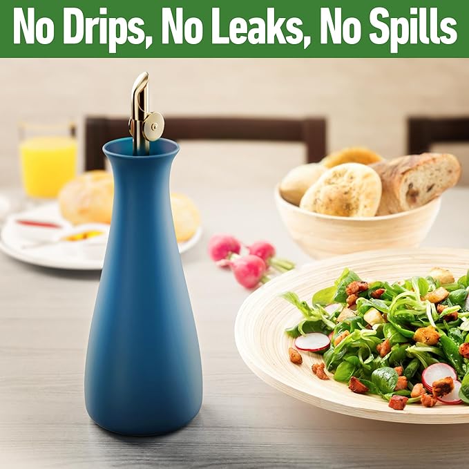 Ceramic Olive Oil Dispenser with Self-Closing Gold Spout - 530 ML Capacity Matte Blue Ceramic Oil Dispenser for Kitchen - Leak Proof EVOO Dispensing Bottle - Stylish, Ergonomic, Durable, Easy Pour