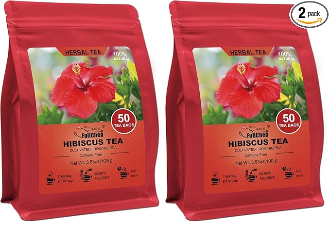 FullChea - Hibiscus Tea Bags, 50 Teabags, 2g/bag - Premium Hibiscus Flower Tea Bag - Cultivated From Nigeria - Non-GMO - Caffeine-free - Rich in Antioxidants & Support Digestion (Pack of 2)