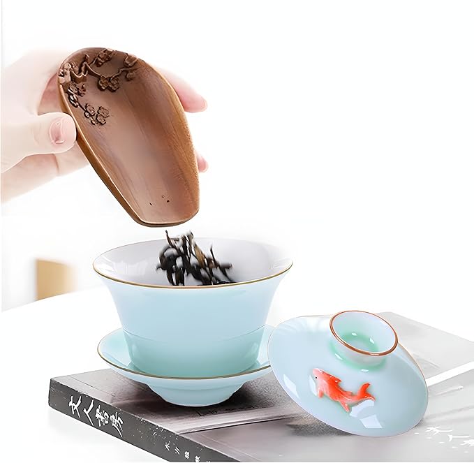 Yixing Handmade Celadon Colorful Koi Fish Gaiwan,Chinese Gongfu Tea Cup,Japanese Teacup, Tea Bowl with Lid and Saucer(Gaiwan)