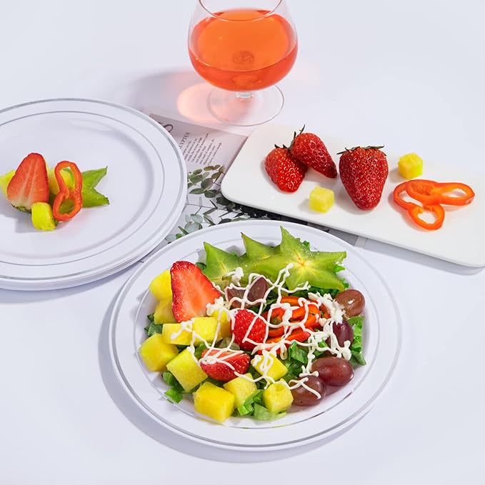 bUCLA 100Pieces Silver Rim Plastic Plates - 7.5inch Silver Salad/Dessert Plates Disposable - Ideal for Weddings, Parties & Christmas