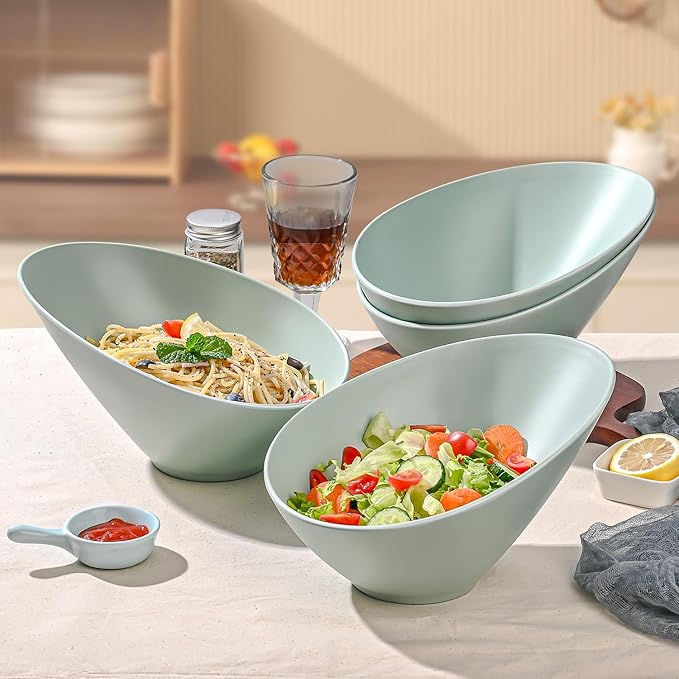 LOVYANXUE Bamboo Fiber Salad Bowls, 4 Packs Serving Bowls Blue Green, Compostable 33 Ounce Elegant Angled Bowls for Salad, Pasta, Soup, Prep, Ideal for Home and Restaurant
