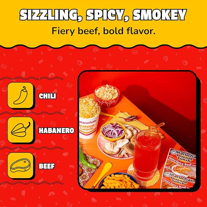 Maruchan Instant Lunch Ramen Noodles, Hot & Spicy Beef Flavor – Japanese-Style Instant Noodle Soup, Easy Meal Ready in 3 Minutes – 2.25 Oz. (12 Pack)