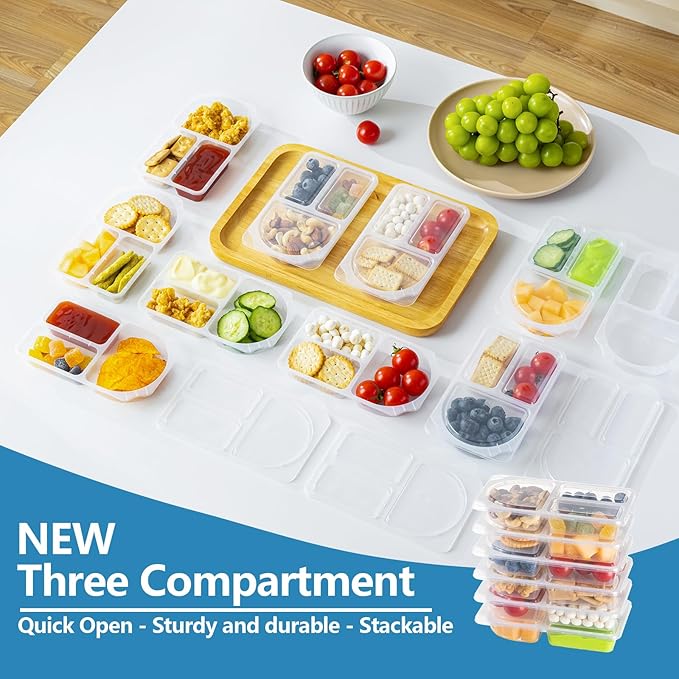 TAIHUIMY 9oz Reusable Snack Containers with Lids for Kid, New 3 Compartment Large Capacity Condiment Portion Control Meal Prep Containers for School lunch, Go out Travel, Party (10, 9, ounces)