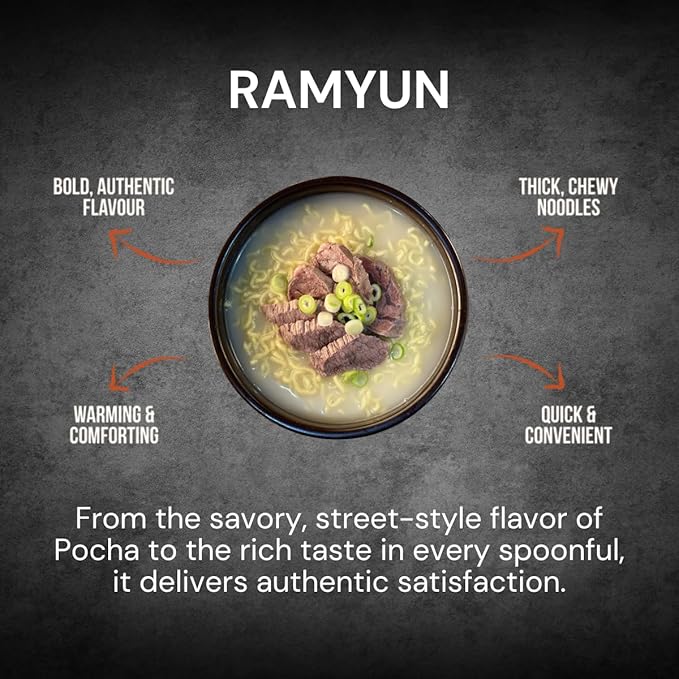 The Han Kitchen Pocha Ramyun Gomtang, Pack of 4 (118g Each) – Korean Instant Ramen with Thick Chewy Noodles, Rich Beef Bone Broth – Mild & Savory Seoul Pocha Style – Ready in 5 Minutes
