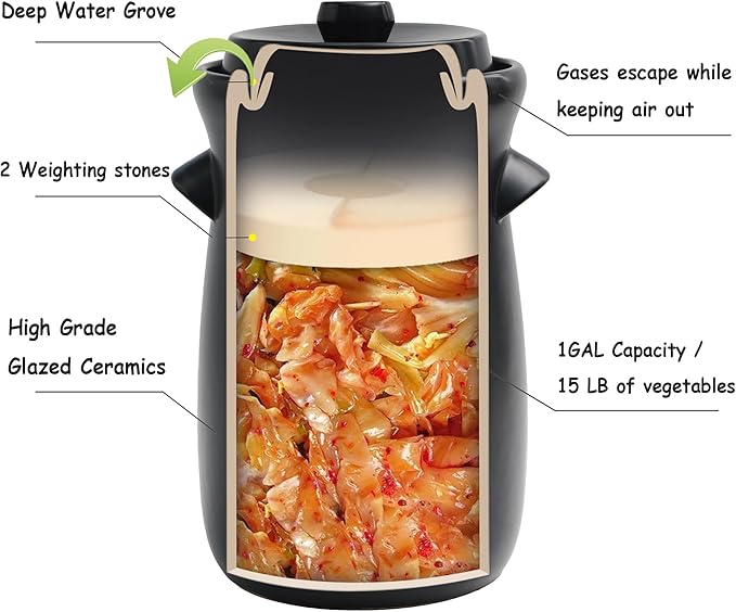 Fermentation Crock 3.8Liter/1 Gallon Stoneware Pot for Fermenting, Pickling Kimchi, Pickles, Vegetables, Kombucha - Glazed Fermenter with Stone Weights, Lid & Pickle Tamper-Black Crock