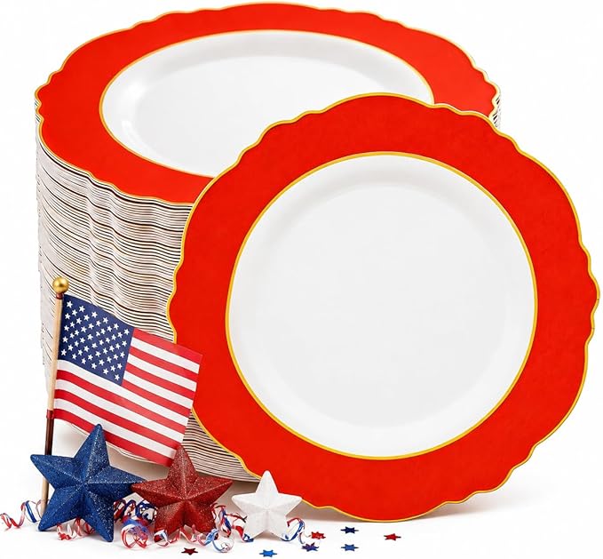 WDF 60pcs Red Plastic Plates Disposable - 7.5inch Heavy Duty Red Dessert/Salad/Cake Plates for Wedding Party Birthday/Memorial Day/4th of July