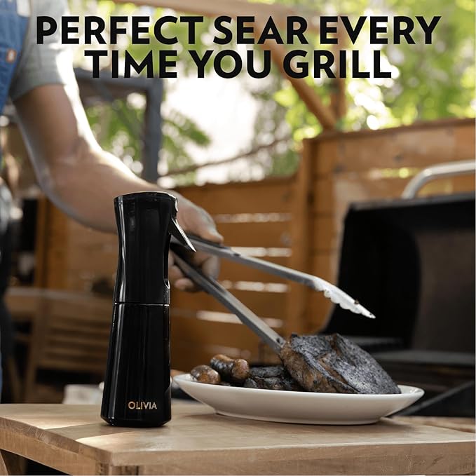 OLIVIA SIGNATURE Advanced Kitchen Oil Sprayer with Flairosol Technology, Fine Mist & Portion Control, Refillable Glass Cooking Spray Bottle, Anti-Drip & Leakproof, Air Fryer, Salad, BBQ, 200ml(Black)