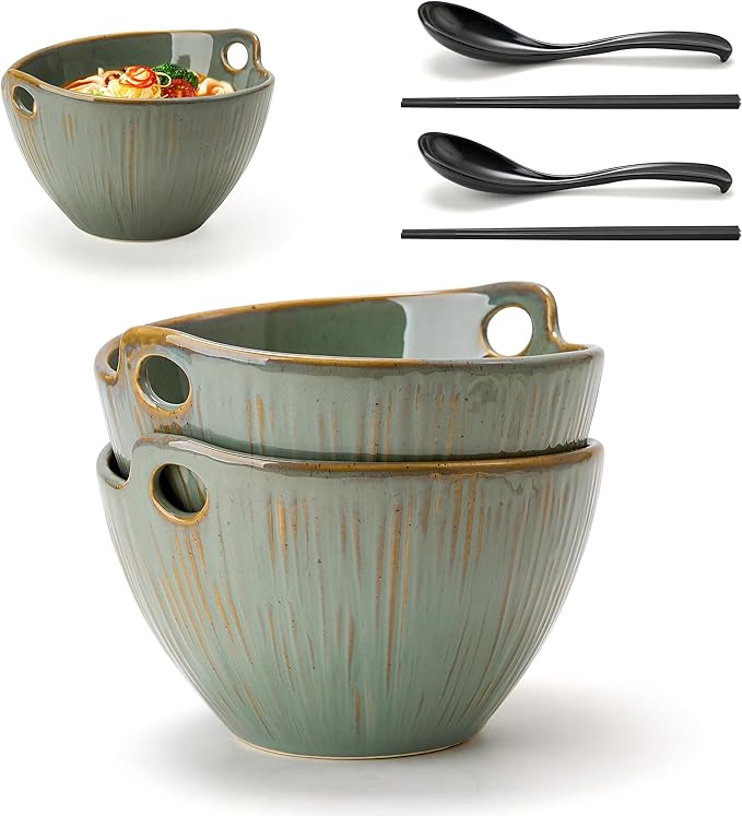 Ramen Bowl with Chopsticks and Spoons Set, 7 Inch Ceramic Noodle Bowl Set of 2, Dishwasher Safe for Pho Udon Soba Noodle Salad Pasta, Special Reactive Wild Sage Earth Bowls Set