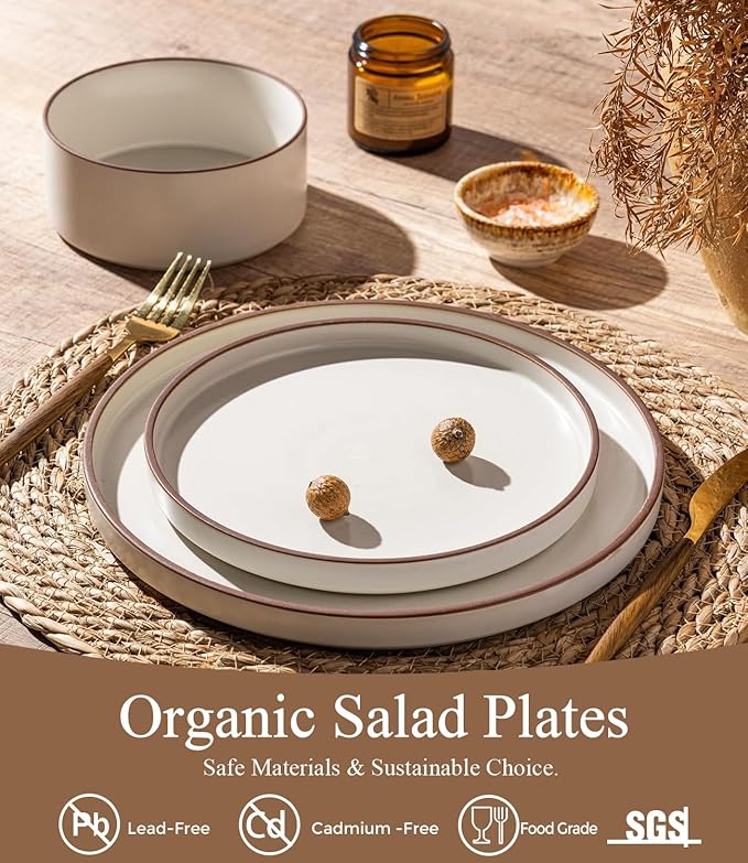 LERATIO Ceramic Plates,8.0 Inch Flat Salad Plates Set of 6,High Edge Modern plates for Kitchen,Microwave & Dishwasher & Oven Safe, Scratch Resistant Dishes Set-Matte White with Rim