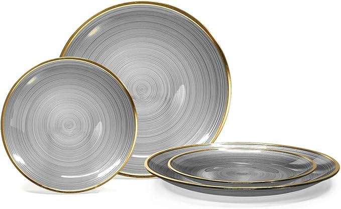 " OCCASIONS " 50 Plates Pack (25 Guests)-Wedding Party Disposable Plastic Plate Set -25 x 10'' Dinner + 25 x 7'' Salad & Dessert plates (Belize in Smoke Gray & Gold)