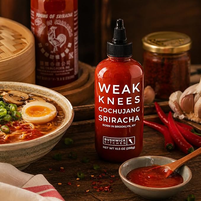 Weak Knees Gochujang Sriracha Hot Sauce - Infused with Bold Korean Gochujang Paste & Classic Spicy Sriracha for Noodles, Rice & Marinades - Made in the USA - 10.5oz Squeeze Bottle