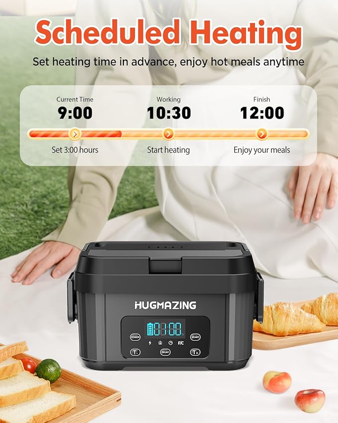 Hugmazing Cordless Electric Lunch Box for Adults, Men & Women – Rechargeable Self-Heating Food Warmer with 1.2L SS Container, Battery-Powered Heated Lunch Box, Perfect for Work and Travel Use (Grey)