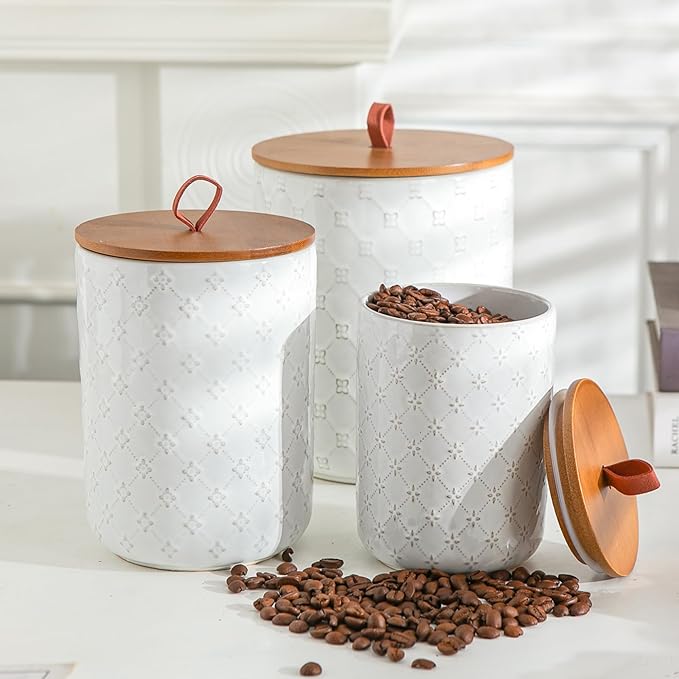 Ceramic Canisters Set with Airtight Lids, 82/48/30 oz Coffee Canisters Sets for the Kitchen, White Large Jars for Flour, Sugar, Pasta, Coffee, Cookies, Tea - Set of 3, Embossed Pattern