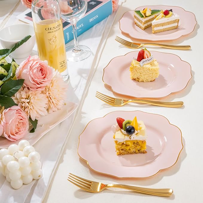 bUCLA 48Pieces Pink Plastic Dessert Plates - 7.5inch Premium Hard Pink with Gold Rim Small Cake/Salad/Appetizer Plates Disposable for Wedding, Party, Shower & Easter