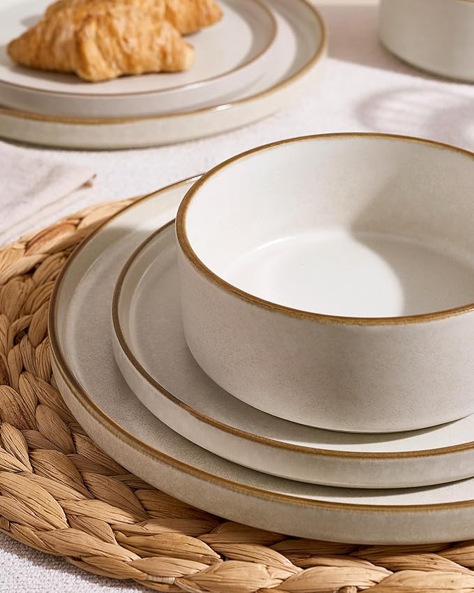 Famiware Nebula Plates and Bowls Sets, 12 Pieces Stoneware Dinnerware Sets, Reactive Glaze Dish Set, Dishes Set for 4, Matte Beige White with Brown Rim