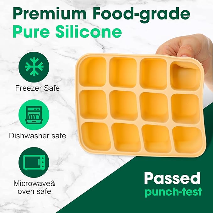 Mimorou 3 Pack Baby Food Freezer Tray with Lids 2.13 oz x 6 Cups/1.15 oz x 12 Cups Silicone Baby Food Storage Container Ice Cube Molds for Homemade Vegetable Fruit Snack(12 Cups,White, Yellow, Brown)