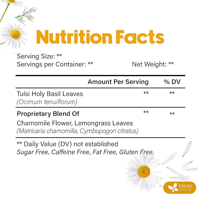 FreshDrinkUS, Premium 75 Tea Bags Tulsi Chamomile Lemongrass Herbal Tea | Blend with Holy Basil, Chamomile Flowers & Lemongrass Leaves – Naturally Caffeine-Free, Soothing Herbal Infusion. Vegan