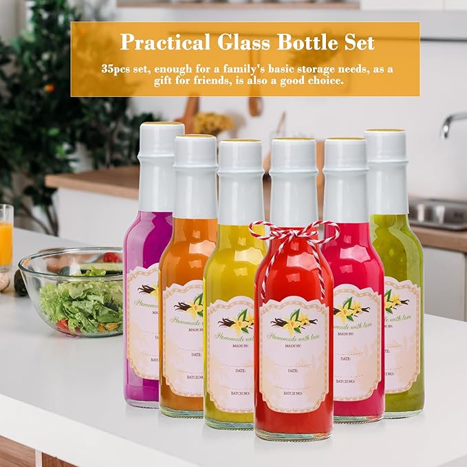 Hot Sauce Bottles 5 oz,Clear Woozy Bottles with Shrink Capsules,Small Wine Making Bottles With Lids for Bottling,Empty 5oz Glass Vanilla Extract Bottles With White Caps Set of 35