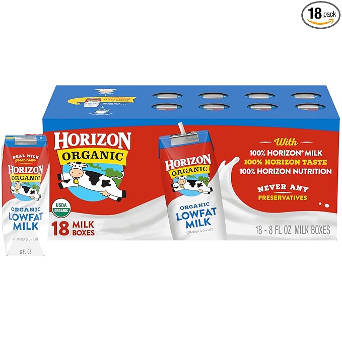 Horizon Organic Shelf Stable 1% Lowfat Milk Boxes, Pack of 18 - 8g Protein per Serving
