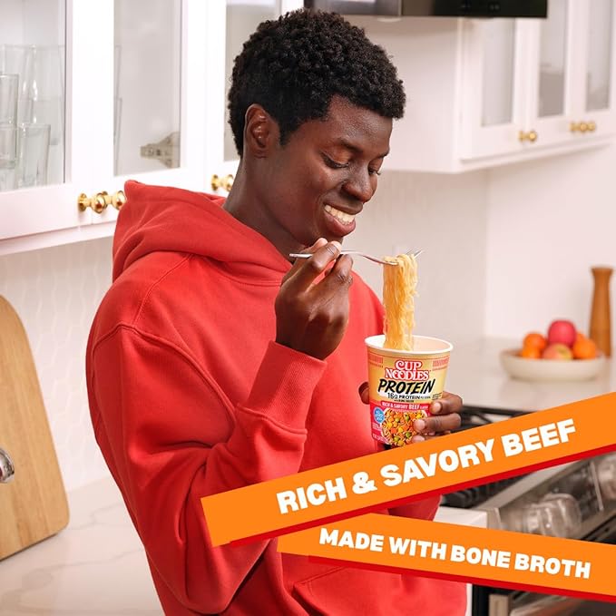 Nissin Cup Noodles Protein Ramen, Beef Flavor with Bone Broth, 16g Protein, 2.54 Ounce Cup (Pack of 6)