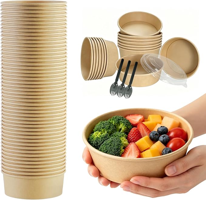 17 oz Disposable Kraft Paper Bowls with Lids and Sporks, 48 Sets Leak-Proof Meal Prep Containers for Hot & Cold Food, Soup, Salad, Snacks, Ice Cream, Desserts, Food Bowls