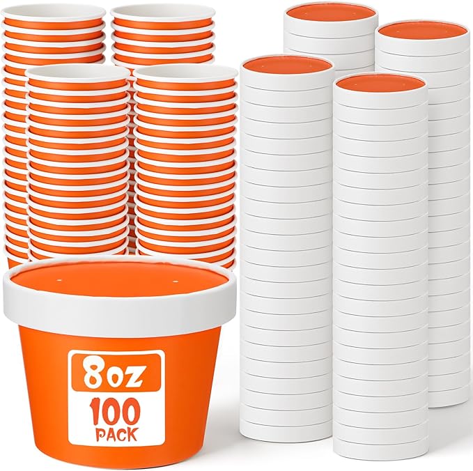 Fulmoon 100 Pack Paper Soup Containers with Lids Disposable Paper Food Containers with Vented Lid Kraft Ice Cream Cake Dessert Cups Soup Bowl for Party Hot Food Fruit Microwave(8 oz,Orange)