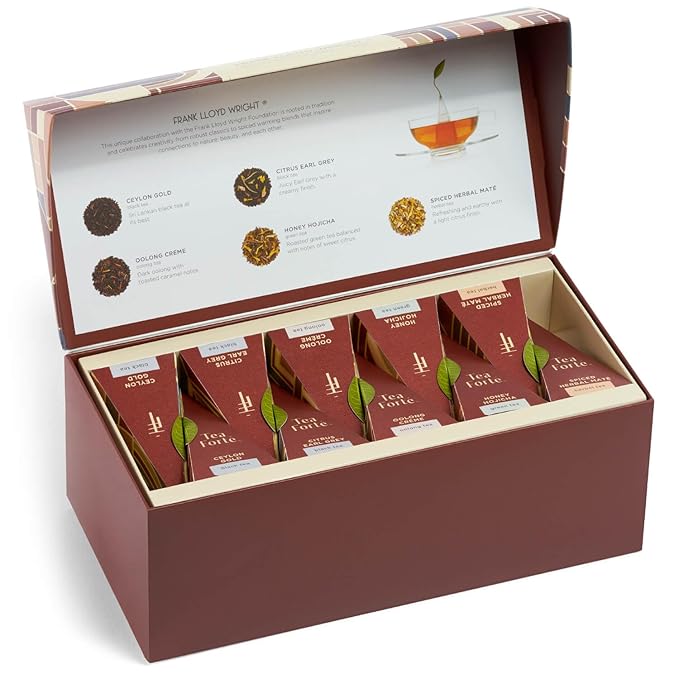 Tea Forte Premium Presentation Box Gift Set Sampler, 20 Count, Assorted Blends Individually Wrapped Handcrafted Pyramid Infuser Bags, Gifts for Mom, Frank Lloyd Wright