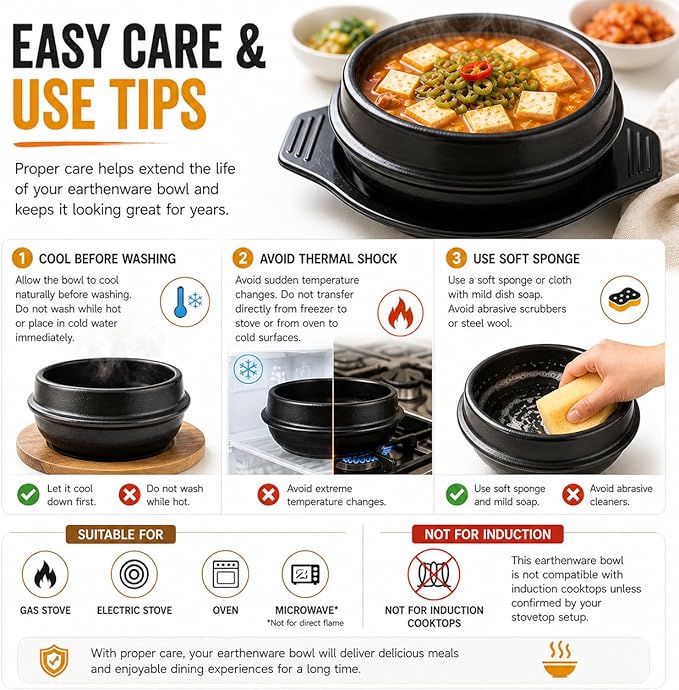 XICHENGSHIDAI Korean Stone Bowl with Tray, Dolsot Bibimbap Bowl, Earthenware Ceramic Hot Pot for Soup, Stew, Rice, Ramen and Ttukbaegi, Oven & Stovetop Safe, Black - 57oz