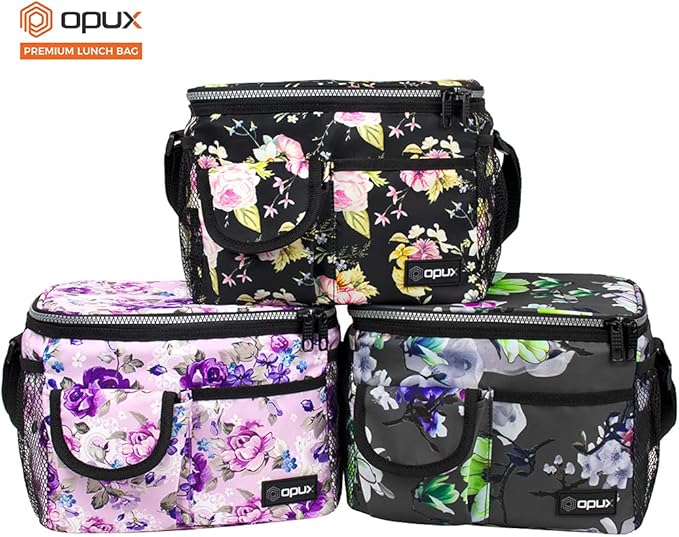 opux Insulated Lunch Box for Men Women Kids, Leakproof Reusable Lunch Bag Cooler for Work School Office, Soft Thermal Lunchbox Tote Shoulder Strap for Boys Girls Adults, Floral Purple, 14 Can/8L