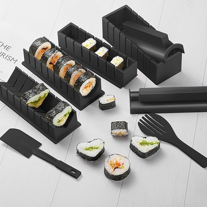 HI NINGER Sushi Making Kit Deluxe Edition Complete Sushi Maker Kit 17PCS Home Sushi Mold Press with Sushi Rice Roll Mold Shapes,Fork,Spatula, Sushi Knife, Sushi Rolling Mat, Chopsticks