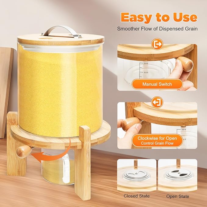 Rice Dispenser, Grain Dispenser Glass Bucket, Cereal Storage Dispenser, Large Capacity Storge Container for Dry Food (5 L)