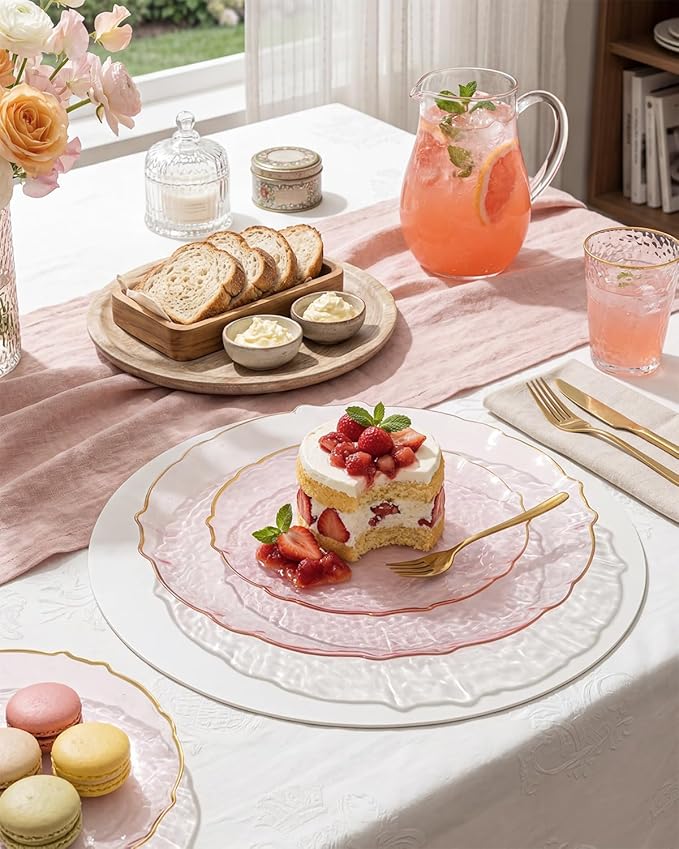 bUCLA 40PCS Clear Pink and Gold Plastic Plates - Fancy Pink Hammered with Gold Lace-Edge Disposable Plates - Include 20 Each (10inch Dinner & 7inch Dessert) Plates for Party, Birthday & Wedding