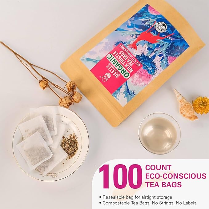 WT WEETEE Organic Milk Thistle Tea Bags, 100% Pure & Natural Roasted Milk Thistle Seeds, Caffeine-free Herbal Tea Detox Tea 2g x 100 Counts