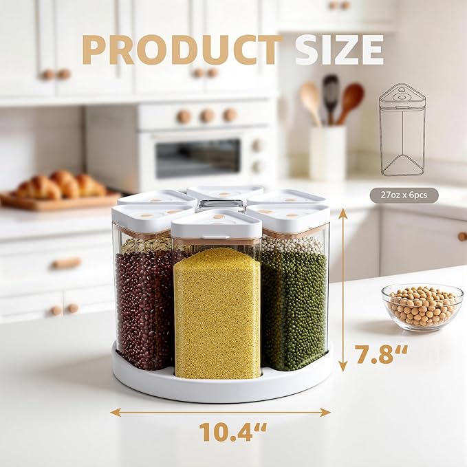 Airtight Food Storage Container with Manual Vacuum Pump, 6-Grid 27oz (800ml) Clear Rotating Pantry Organizer for Cereal, Nuts, Oats & Dry Foods, Kitchen Grain Dispenser, BPA-Free