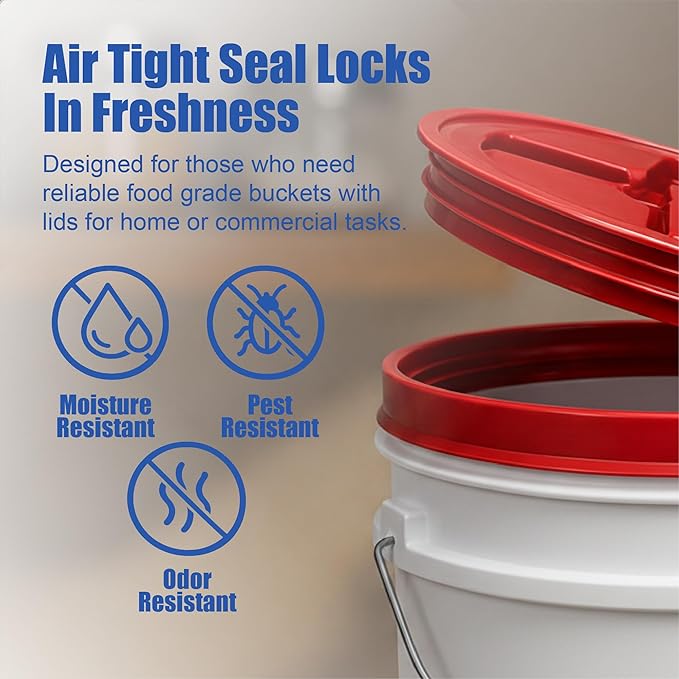 ePackageSupply 5 Gallon Bucket - Food Grade Bucket with Airtight Gamma Seal Screw-On Lid, BPA-Free, Heavy-Duty 90 Mil HDPE Plastic, Bulk Storage, Durable Container, Made in USA, White/Red, 3 Packs