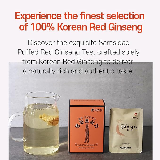 SAMSIDAE Roasted Korean Red Ginseng Tea (2g X 10ea), 100% Chopped Korean Red Ginseng, Caffeine-Free & No Artificial Additives