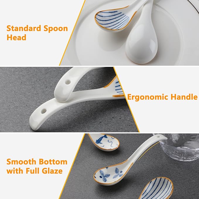 Soup Spoon Set of 4 Ceramic Chinese Soup Spoons Ramen Spoons for Pho Noodle Cereal Dumpling