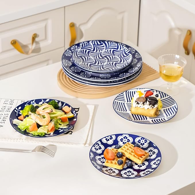 ZONEYILA Porcelain Dinner Plates, 10-Inch Ceramic Plates for Salad, Pancakes, Steak, Large Size Serving Plate for Parties, Restaurant - Dishwasher & Microwave Safe, Set of 6 (Vintage Blue)