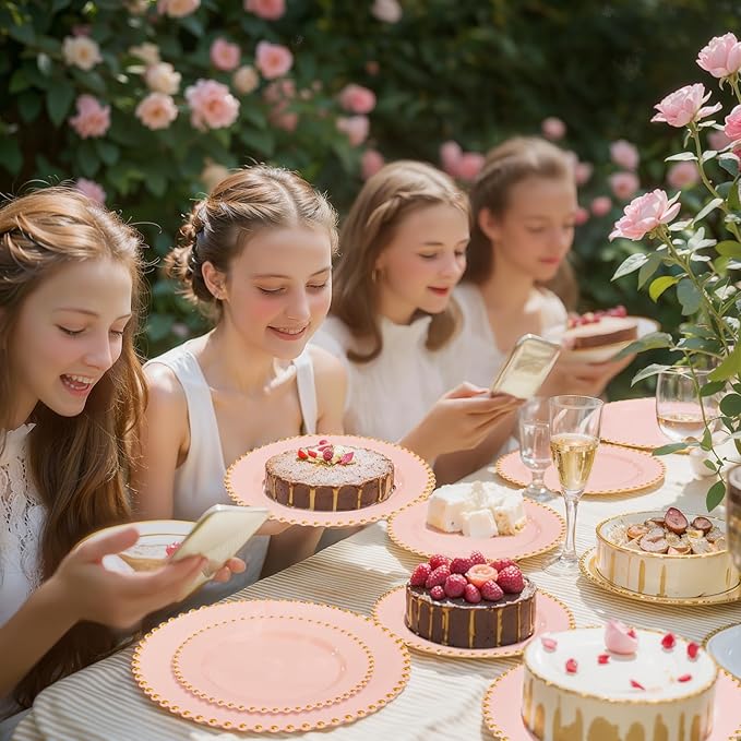 supernal 100pcs Pink Plastic Plates with Gold Beads Plates Disposable Heavy Duty Valentine's Day Decorations Includes 10 inch Dinner Plate and 7 inch Dessert Disposable Plate for Party,Wedding