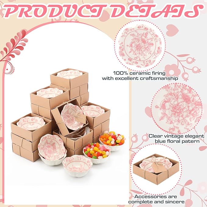 SiliFine 48 Pcs Wedding Favors for Guests Small Ceramic Bowl Bulk Gifts Set 3.3 Inch Floral Design Mini Dipping Sauce Dish with Card Box for Bridal Pooja Baby Shower Birthday (Flower,Pink)