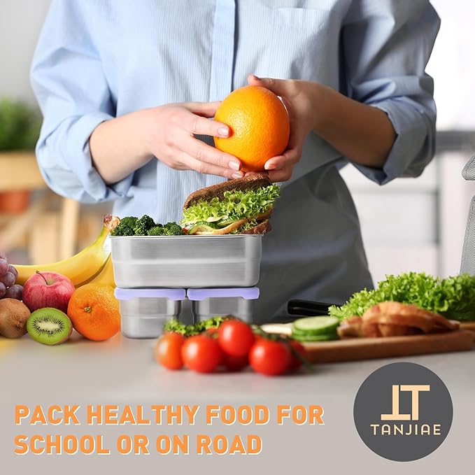 Tanjiae Small Stainless Steel Lunch Containers for Kids | Leak Proof BPA Free Snack Containers with 100% Pure Silicone Lids - Perfect Metal Lunch Box with Lids for School and Daycare (25oz+8oz*2)